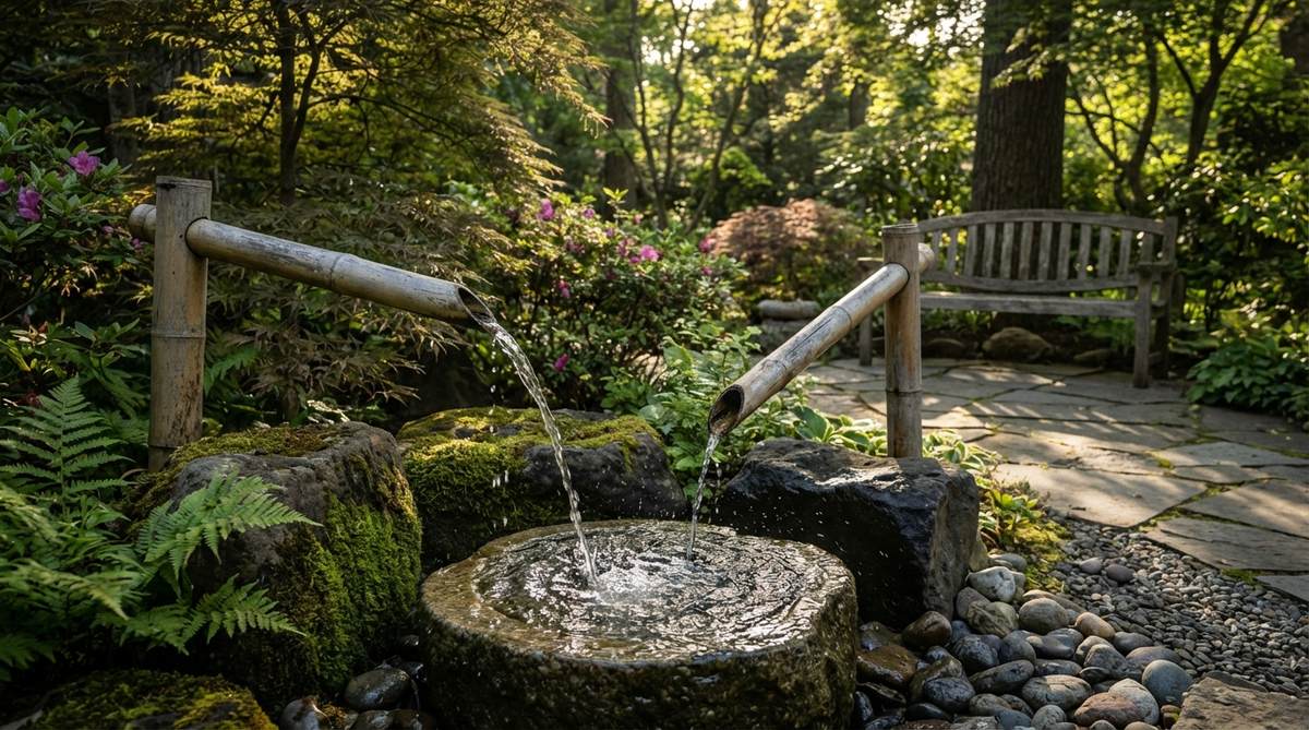 A sophisticated Japanese garden water feature with two opposing bamboo arms that alternate filling and tipping in a counterpoint rhythm, creating complex sound patterns as each arm strikes its stone at different intervals. This balanced fountain is designed for meditation gardens, offering visual and auditory complexity that enhances the perception of time.