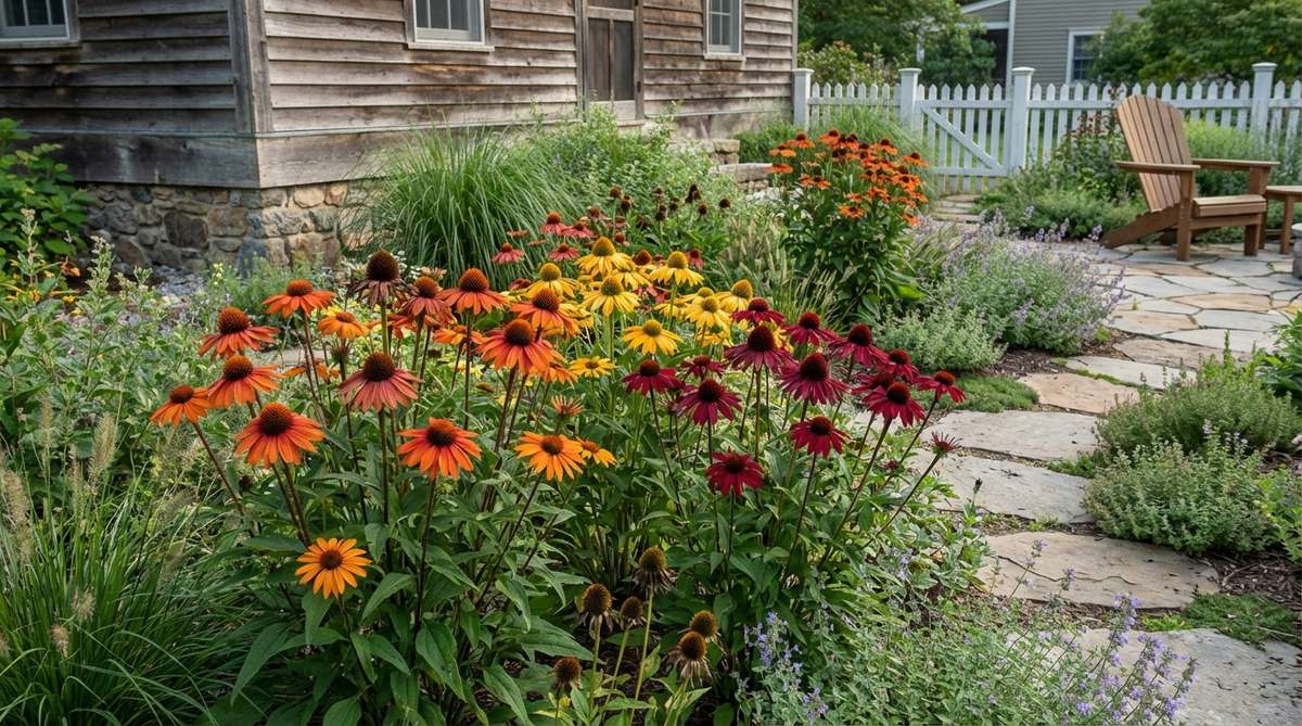 A vibrant Echinacea Prairie Strength coneflower with sturdy stems and substantial blooms in a small garden cottage setting. The plant displays modern hybrid colors like orange, yellow, or burgundy, with seedheads that provide winter interest. Planted 15 inches apart, it self-sows to create naturalistic drifts that enhance the informal cottage aesthetic while supporting pollinators.