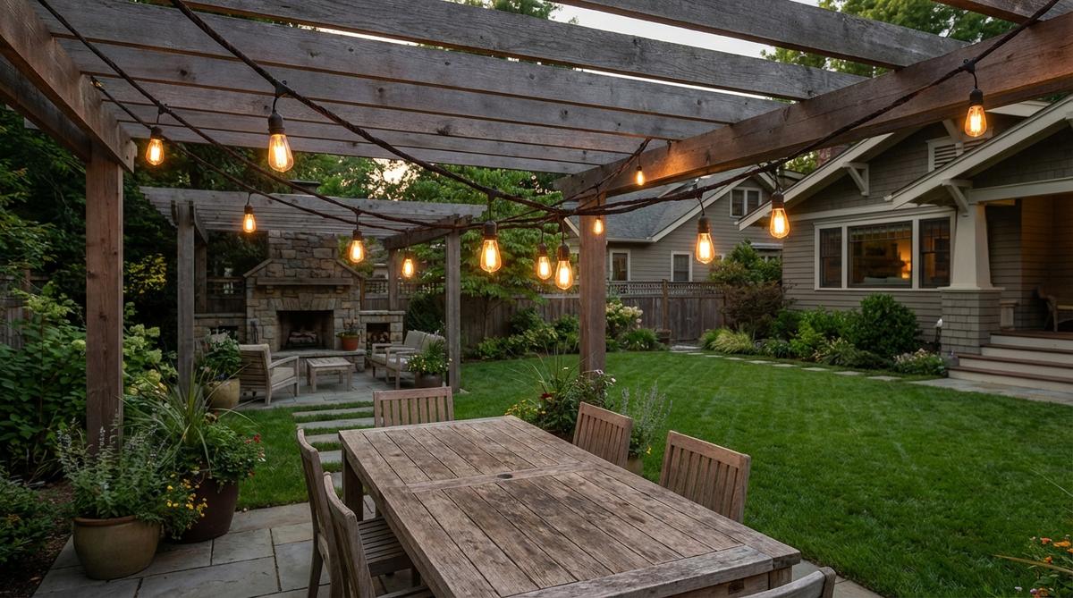 A cluster of Edison bulbs suspended from fabric-wrapped cords or black cables, providing warm ambient lighting with visible filaments. This industrial boho decor element softens edges and creates an intimate atmosphere above dining tables or kitchen islands.