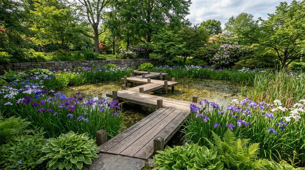 A traditional yatsuhashi bridge with eight straight sections forming a zigzag path over water or marsh, featuring Japanese iris plantings that immerse visitors in the garden setting.