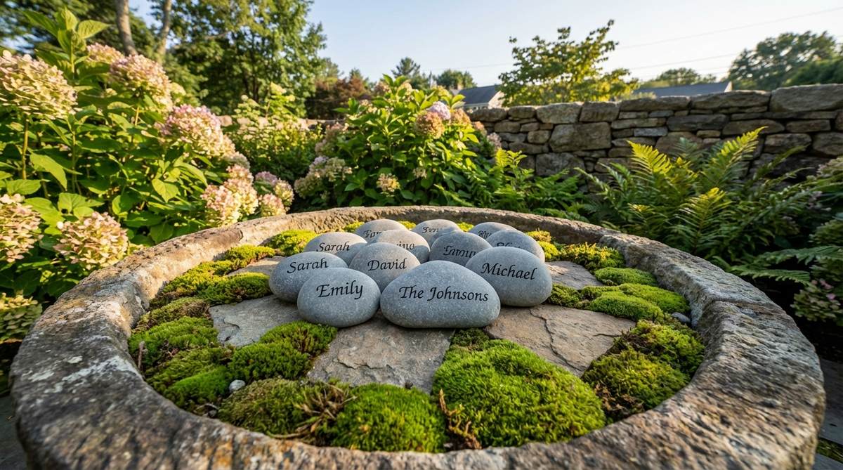Smooth river rocks engraved with guest names, arranged on moss or in a stone basin, serving as natural place cards and keepsakes for a stone garden wedding.