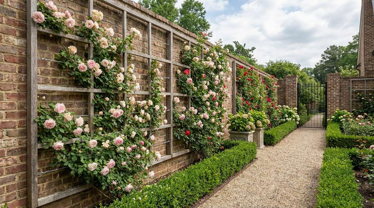 A formal garden design technique showing a precise grid framework with horizontal and vertical supports for training roses in geometric patterns, maximizing bloom density on limited wall space with galvanized wire or wooden slats spaced 18-24 inches apart.