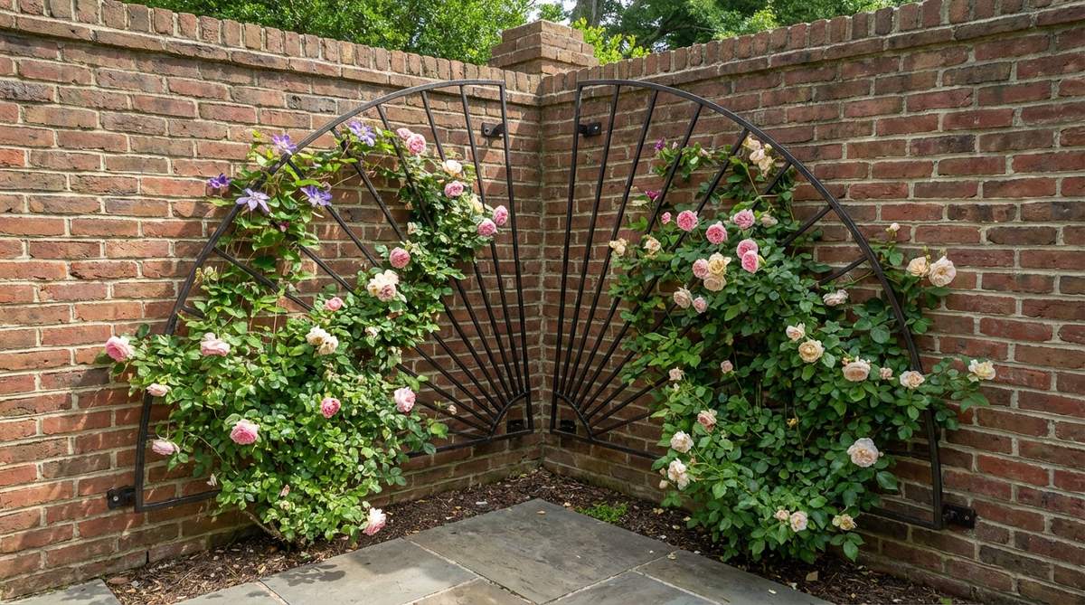 A fan-shaped trellis mounted in a 90-degree wall corner, showing climbing roses or clematis spreading across the radiating supports. The installation demonstrates proper positioning 12-18 inches above ground with masonry anchors, illustrating how the design creates a microclimate that advances bloom times in small garden spaces.