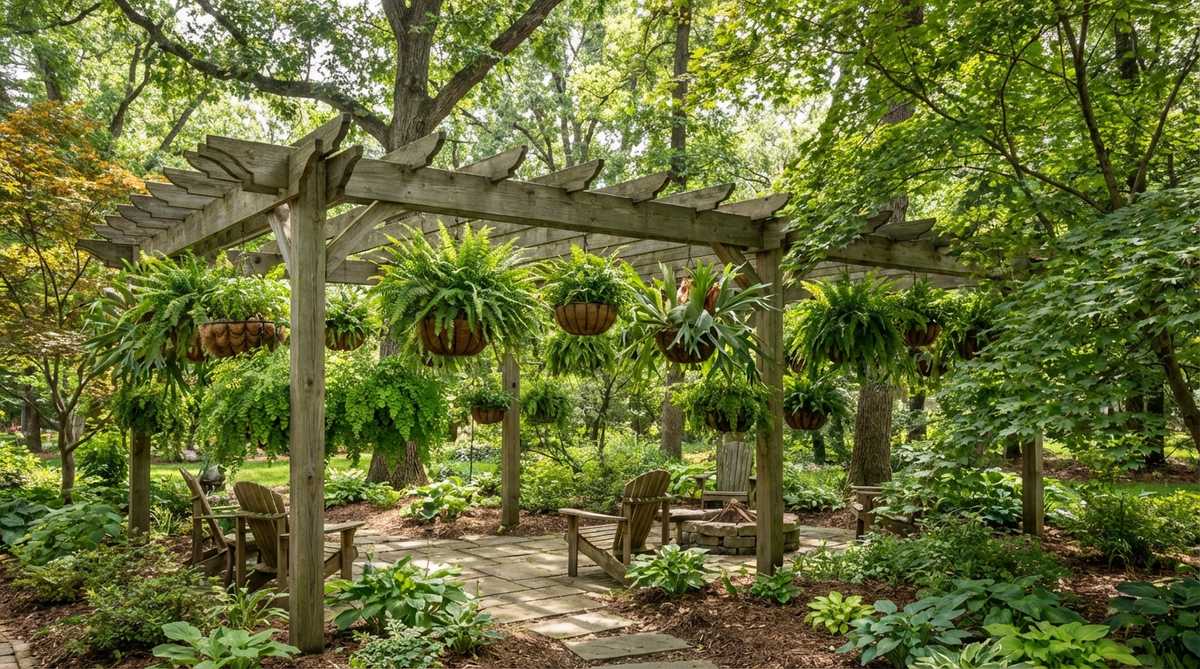 A lush display of Boston ferns, maidenhair ferns, and staghorn ferns hanging in moisture-retaining coconut coir baskets under a pergola, creating a cooling green canopy in a shaded woodland garden setting.