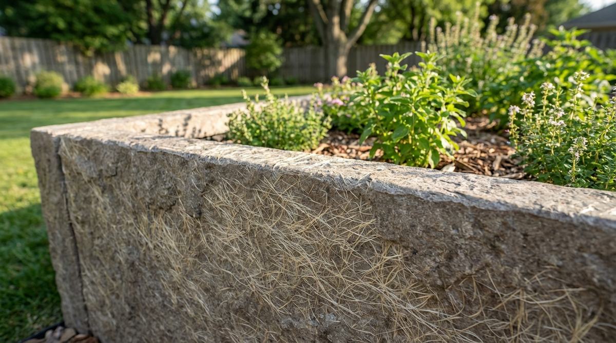 A close-up view of fiberstone material used in raised bed garden construction, showing the embedded fiberglass fibers within the stone matrix that provide reinforcement while maintaining natural stone aesthetics.