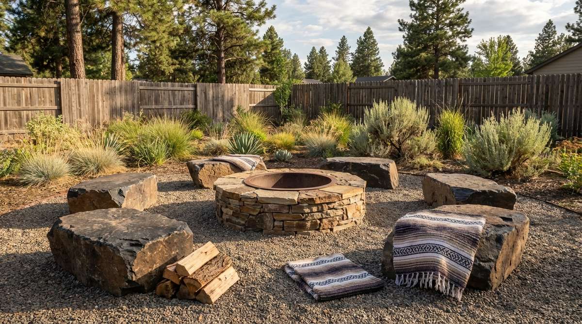 A rustic fire pit constructed from stacked flagstone or poured concrete, encircled by natural boulders with flat tops serving as seating. This western boho decor element creates a traditional gathering space with minimal maintenance, featuring safe spacing of 36-42 inches between the fire pit and boulder seating for optimal heat distribution.