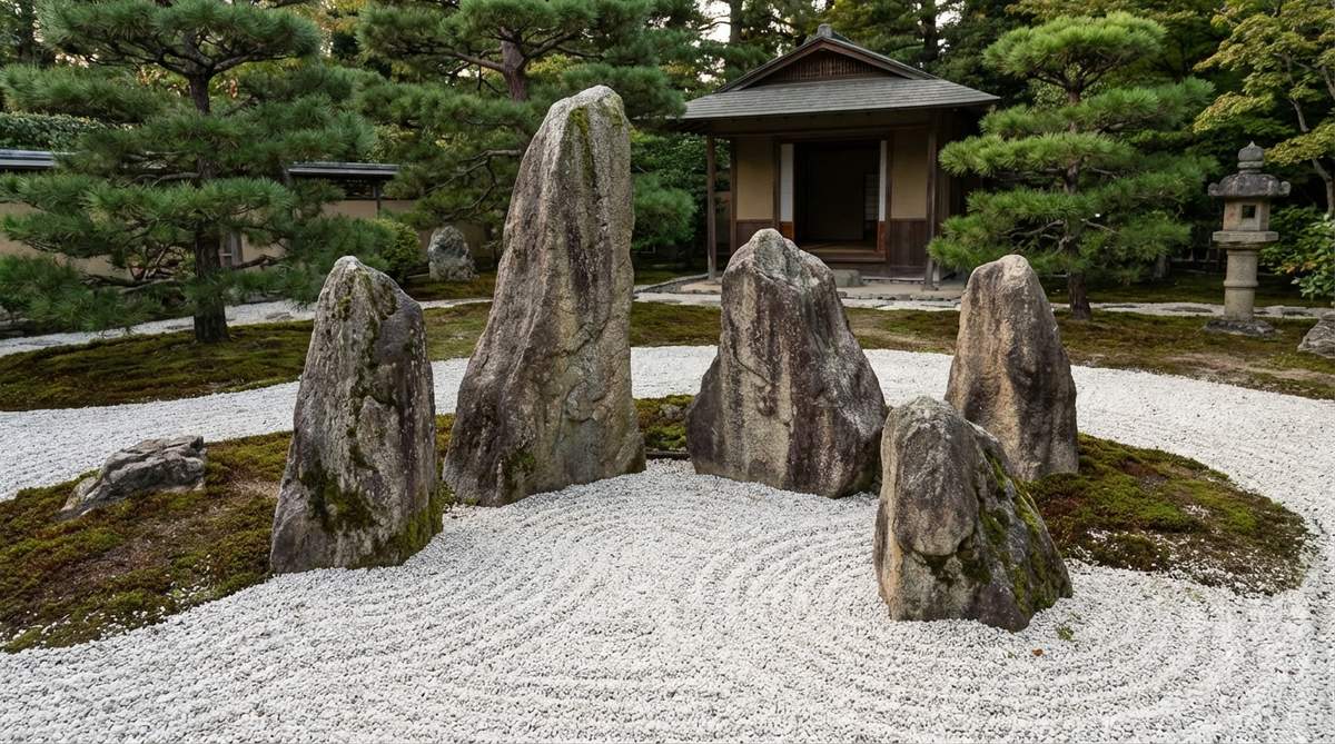 A detailed image showing the Five-Stone Buddhist Mountain Group arrangement in a Japanese Zen garden, representing the five sacred Buddhist peaks. The stones are organized in a loose cluster that suggests mountain ranges, with varying heights creating a naturalistic skyline profile. Their vertical axes lean slightly inward toward a common focal point, visually unifying the group. This five-element composition highlights complex spatial relationships, where the negative space between stones is as important as the stones themselves.