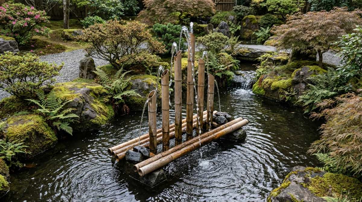 A bamboo fountain floating on a pond surface, with water flowing upward through vertical poles, creating movement and sound. The structure is anchored for stability and helps aerate the water for aquatic life in a zen garden setting.