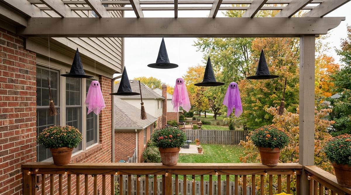 A Halloween balcony decoration featuring black witch hats suspended at varying heights with clear fishing line, creating a magical floating effect. Pink and purple ghost companions add whimsical color contrast, while small broomstick props enhance the coven-in-flight theme. This setup offers a playful twist on traditional witch imagery, ideal for festive outdoor displays.