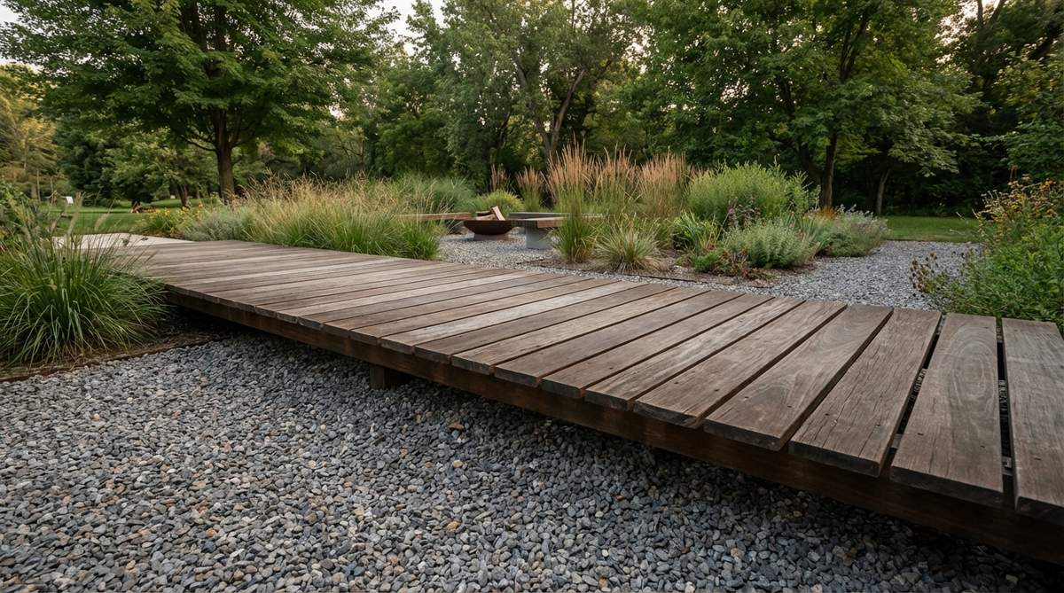 A minimalist garden floating timber walkway made of durable hardwood planks, such as ipe or cumaru, mounted on concealed supports to hover above gravel. Gaps between planks allow for water drainage and reduced material use, positioned to frame views of key garden features.