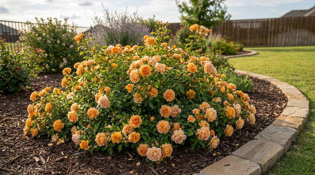 A vibrant groundcover rose displaying warm amber, apricot, and peach tones, with a mounding habit ideal for modern garden beds. This easy-care variety blooms repeatedly in summer, attracting pollinators and emitting a pleasant fragrance.
