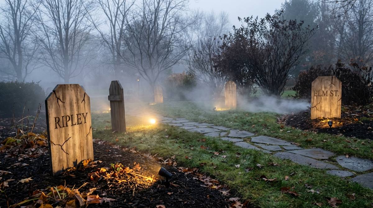 A foggy cemetery scene with ground-level lights illuminating tombstones, creating a spooky Halloween atmosphere with mist rolling across the DIY graveyard.