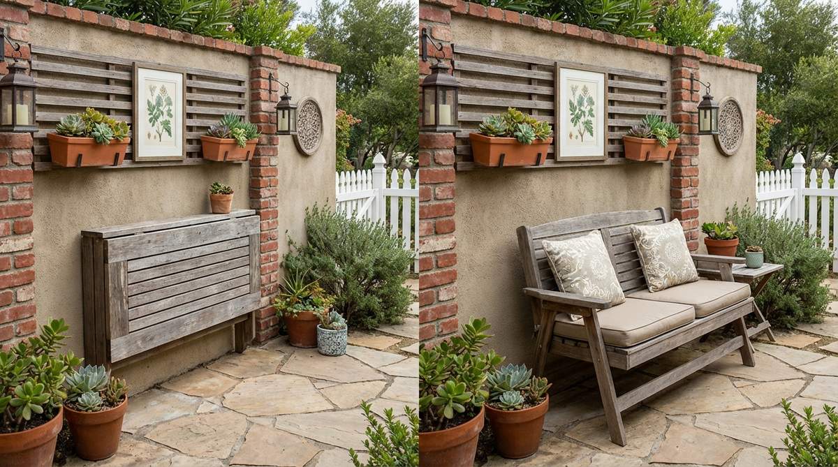 A wall-mounted fold-down Murphy bench in a small garden setting, shown in both the folded-up storage position (protruding only 4-6 inches) and folded-down seating position. The bench is paired with wall-mounted planters and artwork above it, demonstrating how it transforms from decorative to functional instant seating for variable guest counts.