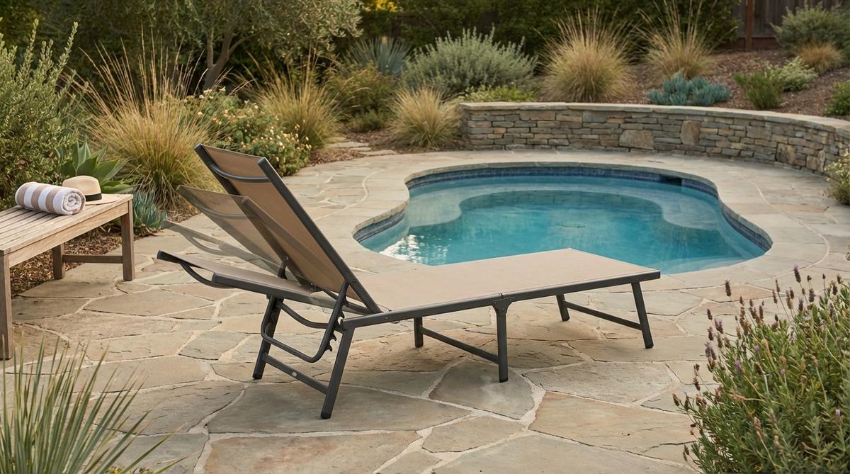 A compact folding sun lounger with powder-coated steel frame and UV-resistant Textilene fabric, perfect for gardens with limited space. Features multiple reclining positions and easy storage for poolside, camping, or beach use.