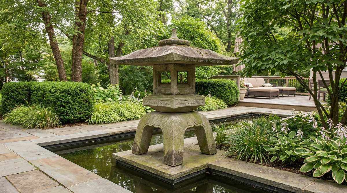 A traditional Japanese yukimi garden lantern with four evenly-spaced legs providing maximum stability for larger designs. The symmetrical base allows for heavier roof sections and taller fire chambers, making it ideal for formal pond edges with straight borders where it aligns with geometric hardscape layouts.
