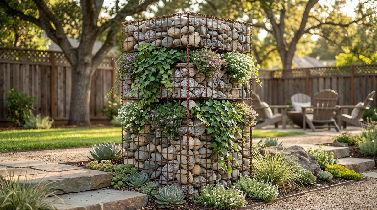 A vertical gabion column made of wire cages filled with decorative stones, serving as a structural element and planting zone in a small garden rockery. Plants are inserted horizontally into gaps in the stone fill, with trailing varieties cascading down the column faces to add height and visual interest to a flat garden.