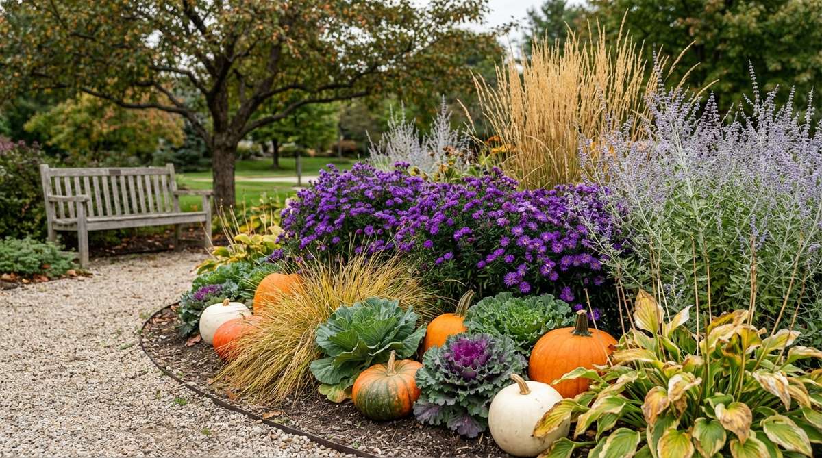 A garden bed featuring pumpkins nestled among perennials, ornamental grasses, asters, kale, and Russian sage, showcasing seasonal color and textural contrast for autumn decor.