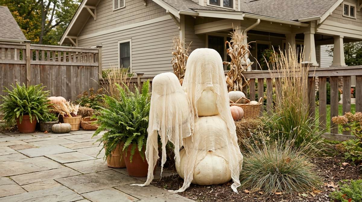 A boho Halloween decoration featuring white or natural cheesecloth draped over stacked white pumpkins to create abstract ghost silhouettes. The fabric is stiffened with starch or glue for sculptural draping, positioned to suggest ethereal movement with raw edges hanging loosely for an organic, unfinished appearance. This subtle ghostly figure is ideal for spaces where traditional Halloween gore is excessive.