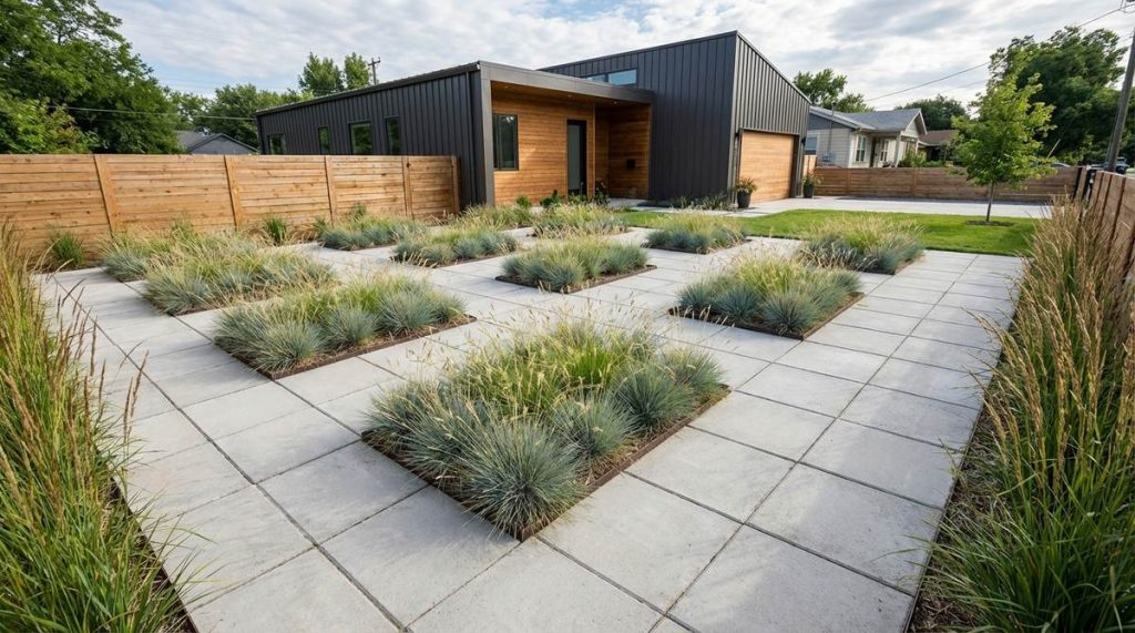A modern garden design featuring square concrete pavers alternating with planted grids of ornamental grass. The repetitive geometric pattern creates visual interest and extends the perception of space in compact yards. This contemporary layout complements modern architecture with clean horizontal lines, using drought-tolerant grass varieties for low-maintenance landscaping.