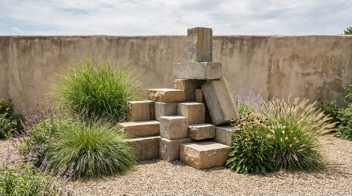 A modern brutalist garden sculpture featuring stacked rectangular concrete or stone blocks with precise geometric angles, contrasting beautifully with flowing ornamental grasses and perennials. This architectural focal point is ideal for gravel gardens or against stucco walls, with cube sizes ranging from 12 to 30 inches for visual interest. Minimal maintenance required beyond occasional power washing.