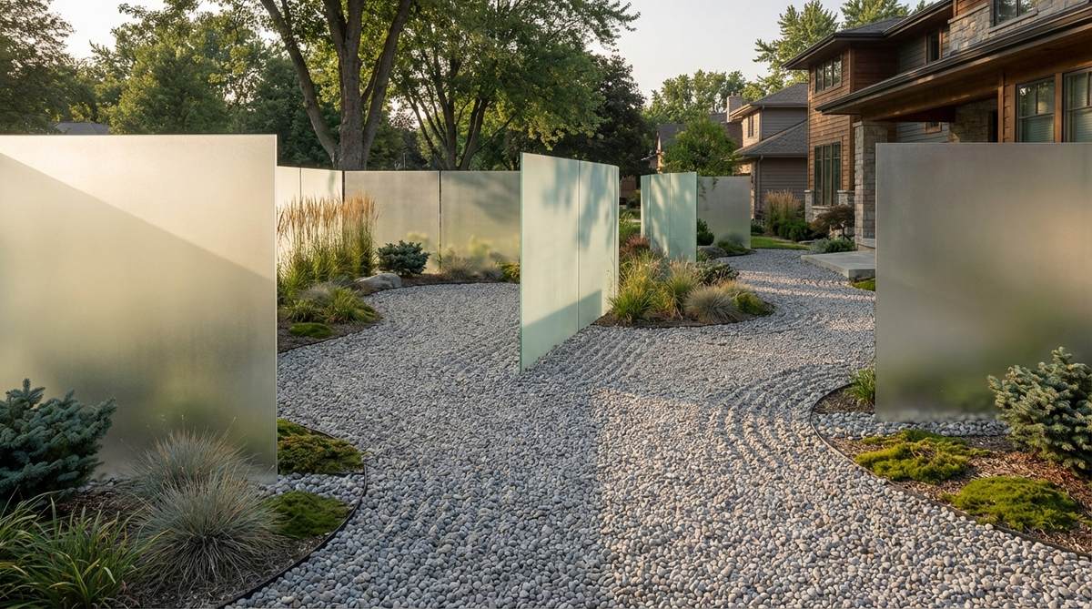 A contemporary Japanese rock garden featuring frosted glass panels embedded vertically into gravel beds, creating translucent boundaries that glow softly when backlit. The glass panels define spaces without solid visual obstruction, maintaining privacy while allowing light passage. This modern interpretation balances traditional borrowed scenery concepts with urban privacy needs, with panels appearing almost invisible during daylight and transforming into luminous markers at night.