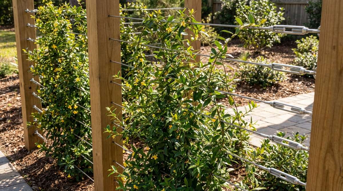 A close-up photo showing a professional green screen fencing system with stainless steel aircraft cables stretched between posts at 12-inch intervals. Evergreen climbers like Carolina jessamine are growing along the cables, creating a natural privacy screen in a garden setting. The turnbuckles for tension adjustment are visible, and the system demonstrates how to create an invisible support structure for screening plants.