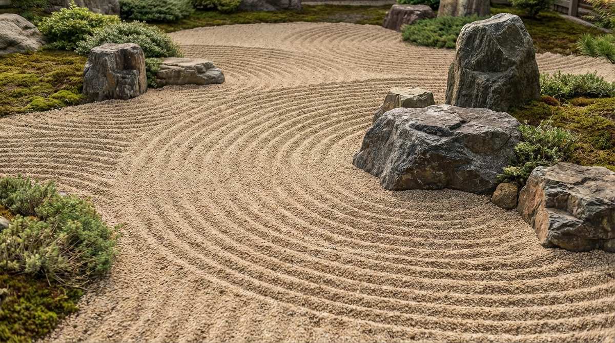 A close-up view of semicircular arcs raked into zen garden sand, extending from rocks and garden edges to create rippled patterns that bridge linear and circular design techniques. Multiple layered arcs demonstrate depth and movement around rock compositions.