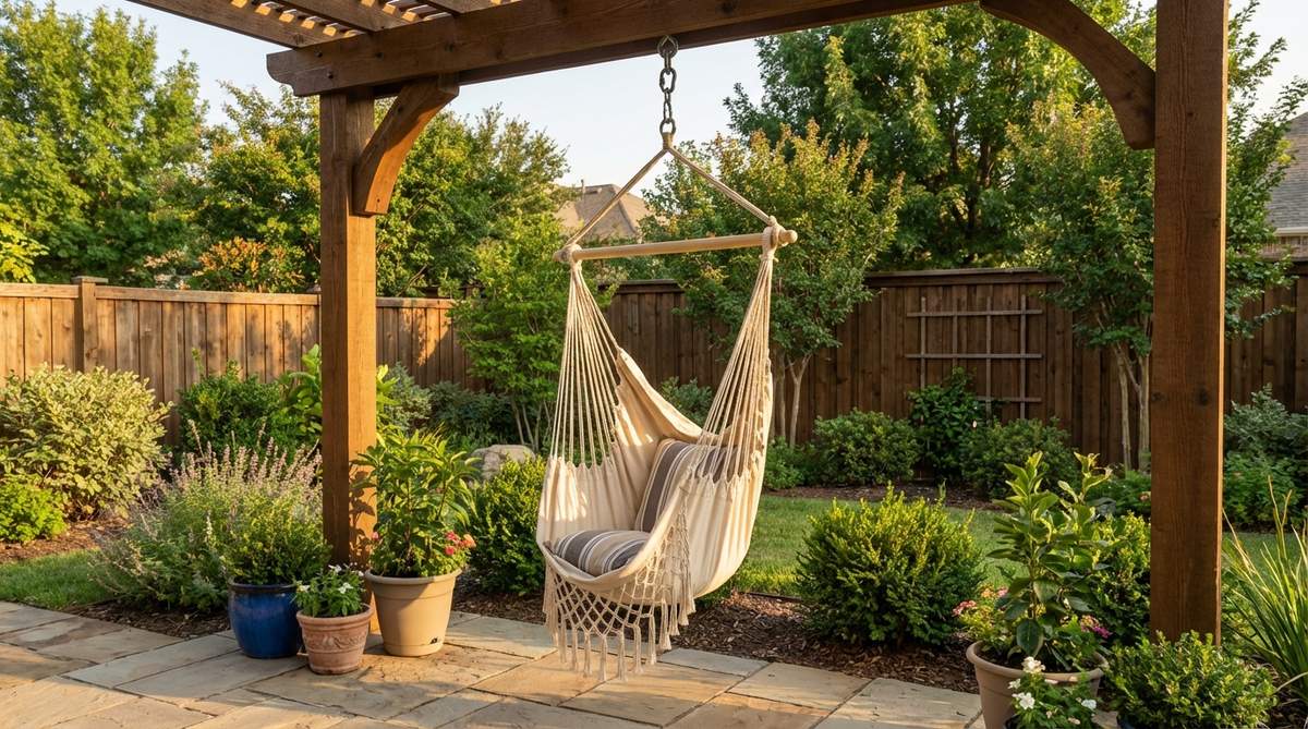 A fabric hammock chair suspended from a single point, creating a floating seat that swings freely. The enveloping fabric cocoon provides security and comfort, installed using heavy-duty eye bolts in pergola beams or strong tree limbs. Available in striped canvas or macramé versions to match boho garden aesthetics.