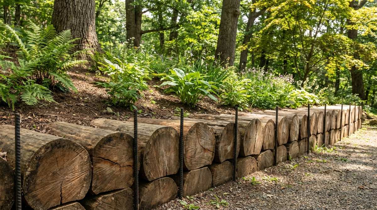 A rustic small garden retaining wall made from half-round hardwood logs, showing the natural wood texture and organic form that softens landscape lines. The logs are positioned with flat sides forward and secured with rebar stakes, creating an effective barrier for gentle slopes in woodland or cottage garden settings.