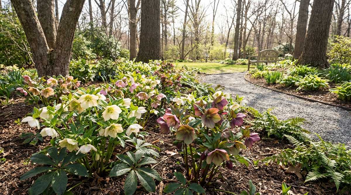 A close-up photograph of a hellebore flower, also known as Lenten rose, showcasing its nodding blooms in shades of white, pink, burgundy, or green. The evergreen perennial plant stands 12-18 inches tall and thrives in dry shade conditions, often planted under deciduous trees. The image highlights the delicate flowers that bloom from February through April, with foliage that can be cut back in late winter to showcase emerging flower stems.