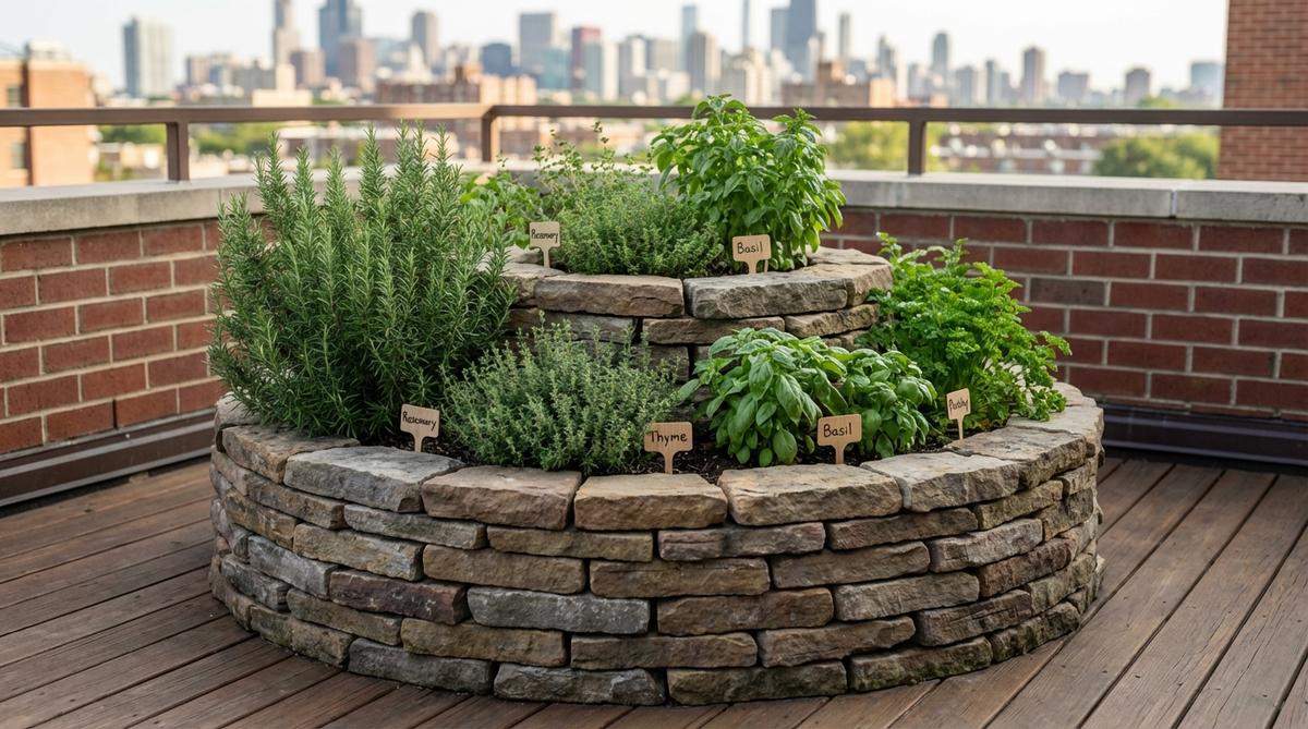 A terraced herb spiral in a circular container, featuring stacked stones and diverse herbs like rosemary, thyme, basil, and parsley, designed for efficient urban balcony gardening in limited space.