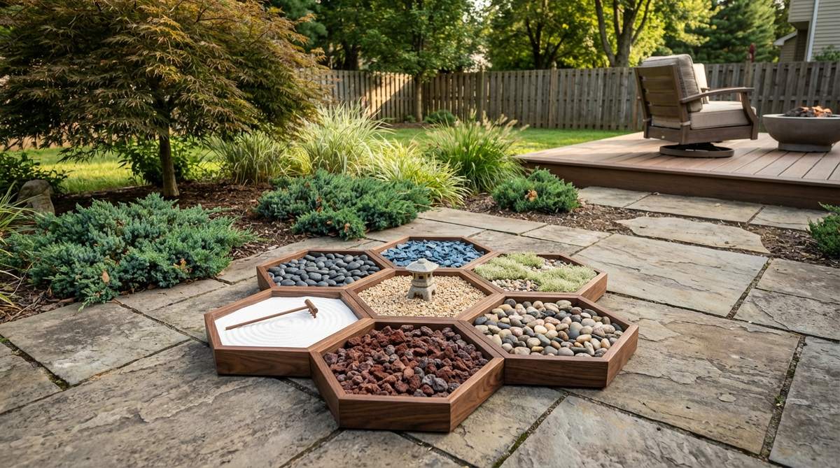 A mini zen garden featuring seven interlocking hexagonal trays arranged in a customizable geometric pattern. Each 4-inch hexagon contains different colored sand or stone arrangements, allowing for modular planning and spatial exploration. Ideal for reconfiguring weekly to maintain novelty and engagement in a minimalist design.