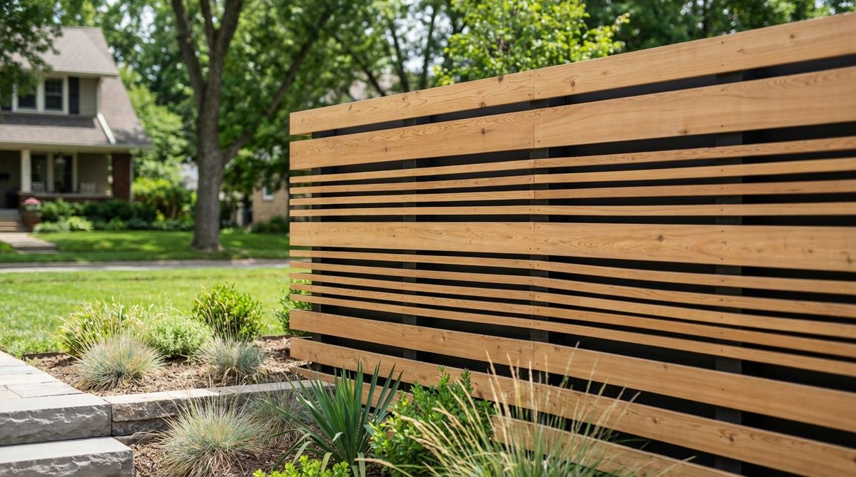 A modern garden fence featuring horizontal cedar boards spaced away from a backing panel, creating a rain screen design that allows air circulation to prevent moisture accumulation. The clean horizontal lines and natural wood grain provide both aesthetic appeal and enhanced durability in humid climates.