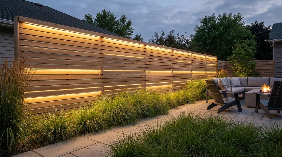 A contemporary horizontal slat garden fence with recessed LED strips between the boards, providing evening illumination and highlighting the linear design. The warm white or color-changing LEDs are installed in weatherproof channels behind every third or fourth slat for balanced light distribution, creating both architectural emphasis and security lighting.