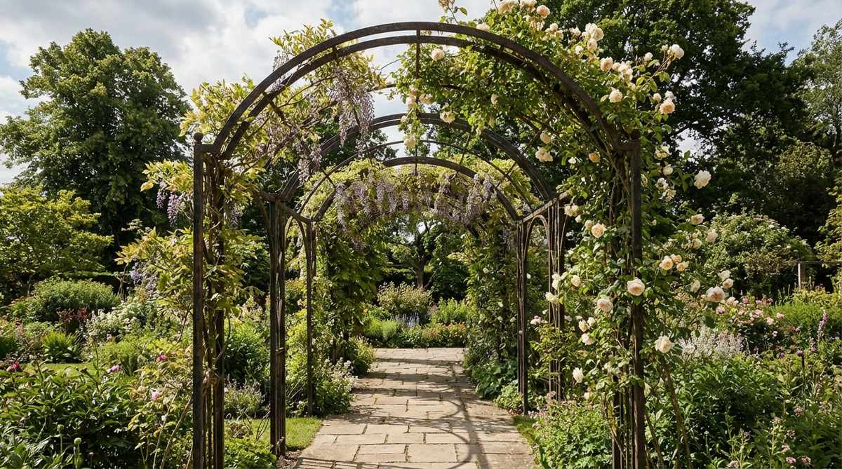 An iron arched pergola creating a romantic covered walkway draped with climbing plants, contrasting structural permanence with ephemeral blooms and foliage. Ideal for rustic outdoor decor, it defines garden circulation patterns and provides immediate architectural impact.
