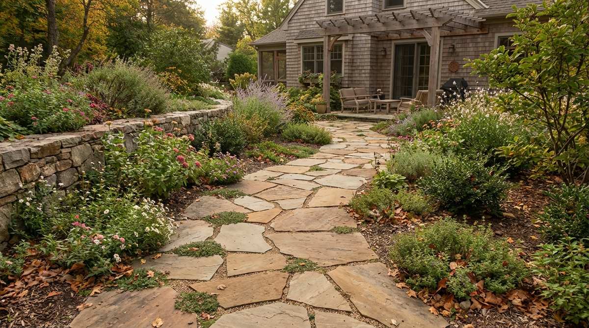 A rustic garden pathway made of irregular flagstone pieces with narrow joints, showcasing natural shapes and earth tones that complement cottage and naturalistic garden styles. The path is constructed with a gravel base and sand leveling, with joints filled with decomposed granite or ground covers to create an elegant, slow-paced walkway.
