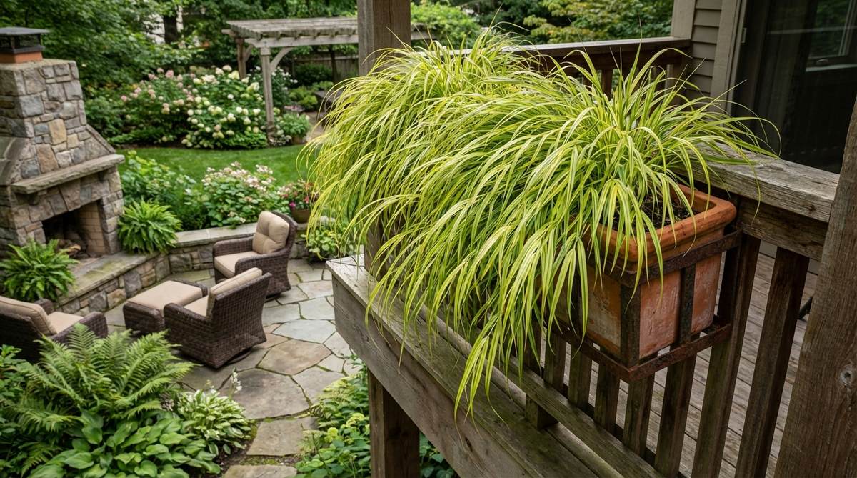 Golden variegated Japanese Forest Grass cascading from an elevated balcony planter, showcasing its shade-loving nature and graceful foliage that sways gently in the wind without damage.