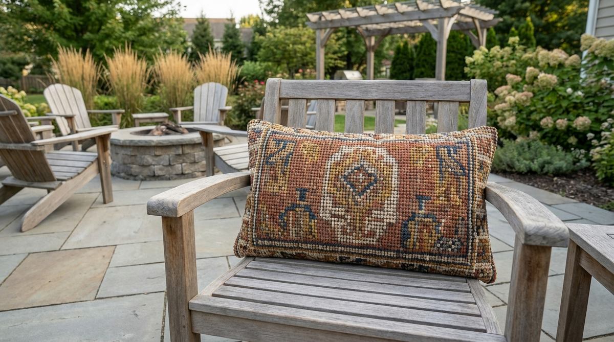 A handwoven boho decor pillow featuring traditional Turkish kilim rug patterns with stepped geometric designs and earthy color blocks. The pixel-like quality creates contemporary appeal while honoring ancient textile heritage, perfect for adding artistic credibility to outdoor spaces with woven texture that provides grip on smooth furniture surfaces.