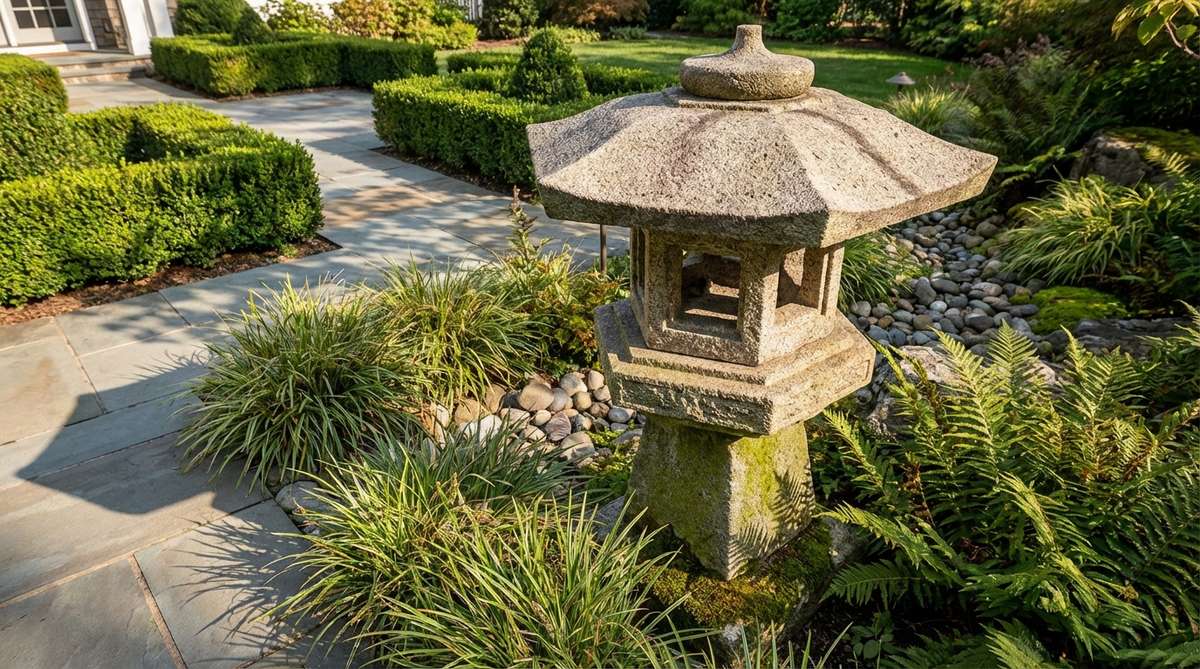 A stone garden lantern with a six-sided roof and fire box, combining yukimi proportions with geometric precision. This hybrid design features hexagonal edges that create dynamic shadow play throughout the day, positioned at the intersection of formal and naturalistic garden zones.