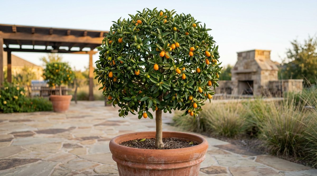 A compact Kumquat Nagami tree in a container, showcasing its tidy 6-8 foot stature with oval fruits that ripen from green to bright orange in winter. The tree features a formal topiary shape, such as a globe or standard, and is one of the hardiest citrus varieties, capable of surviving brief temperature dips to 20°F when established.