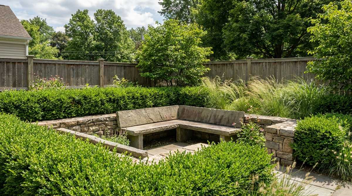An L-shaped stone bench positioned in a garden corner, with two perpendicular stone slabs meeting at a 90-degree angle to create intimate seating. The bench maximizes space in small gardens or courtyards, surrounded by low hedges and ornamental grasses that enhance privacy and define the garden room effect.
