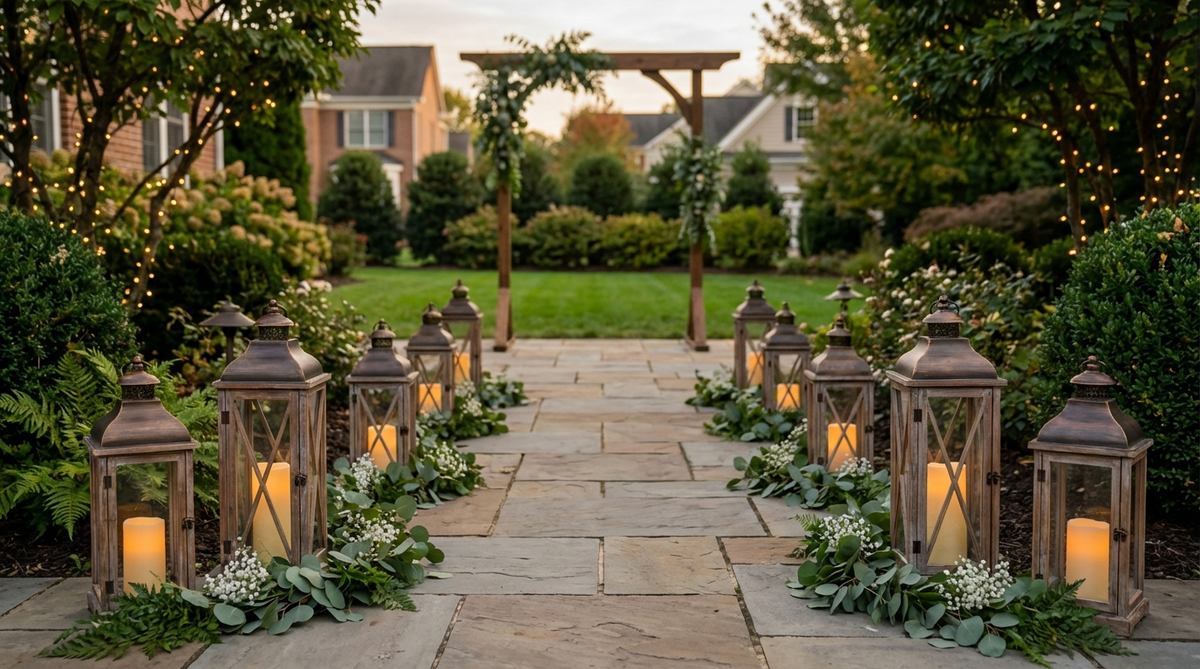 A garden wedding aisle decorated with metal or wooden lanterns placed at regular intervals, featuring greenery accents and battery-operated candles for safe evening lighting.