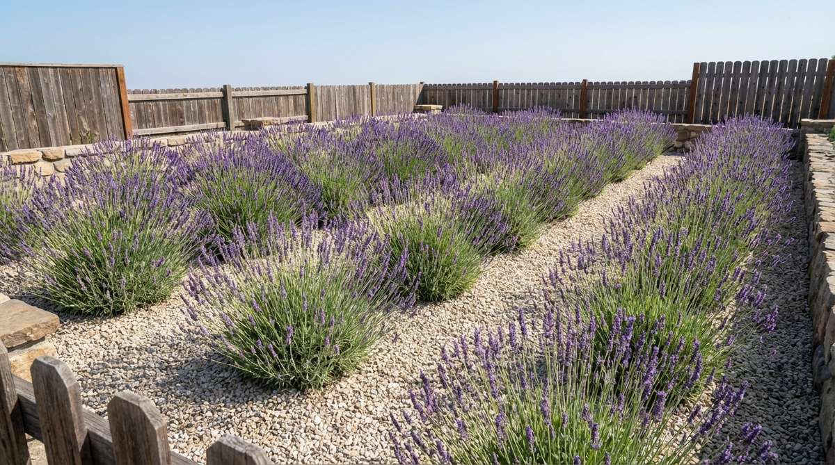 A gravel garden featuring parallel rows of lavender plants, with English and Spanish lavender varieties defining edges and creating divisions. The lavender's purple blooms contrast against the neutral gravel background, showcasing drought-tolerant xeriscape principles. Plants are spaced 18-24 inches apart in rows, with 4-5 feet of gravel between rows, and are sheared after blooming to maintain a compact form.