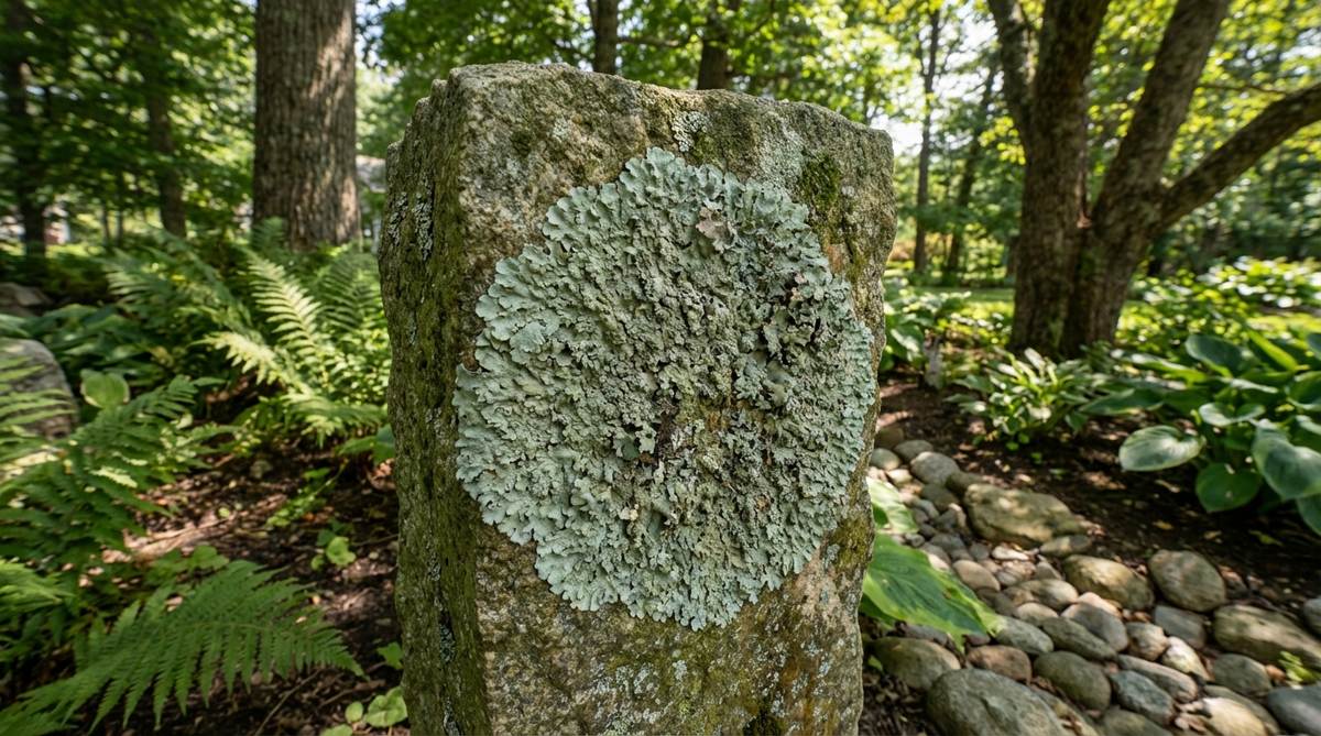 A close-up view of a grey-green lichen colony naturally established on a granite pillar, showcasing the soft, textured appearance that indicates environmental health in a stone garden setting with partial shade.