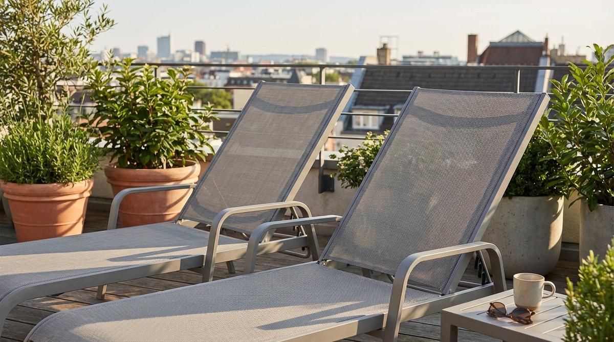 Modern lightweight mesh lounge chairs with aluminum frames and breathable fabric, perfect for urban balconies. Features reclined backs, armrests at reading height, and quick-drying mildew-resistant material.
