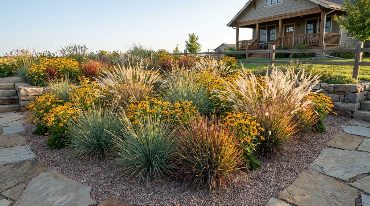 Schizachyrium scoparium (Little Bluestem) with blue-green summer foliage transitioning to autumn burgundy, orange, and copper tones, featuring fluffy white seedheads that glow in afternoon light. Planted in groups within a gravel garden bed alongside black-eyed Susan for contrasting yellow flowers, creating a prairie-style meadow effect.