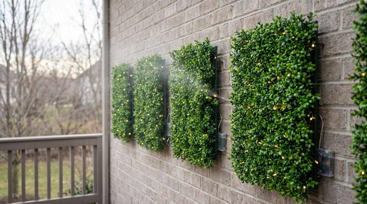A close-up image of pre-made evergreen panels mounted on an exterior wall, featuring lush greenery with integrated battery-operated fairy lights for festive illumination, ideal for balcony Christmas decor. The panels measure twelve by eighteen inches and are shown linked together for a larger installation, with misting to maintain freshness in dry winter conditions.