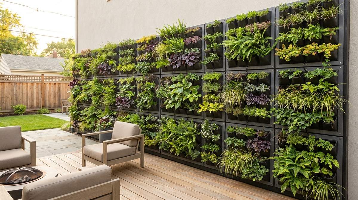 Modular living wall panels with integrated irrigation system creating a vertical garden on a blank wall in a small backyard. Shows planting cells filled with various foliage textures and colors for artistic composition.