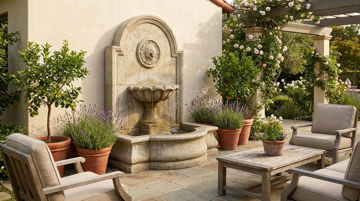 A decorative medallion anchors the top of this small garden fountain, with water spilling from its center into a scalloped basin. The relief carving adds dimensional interest to flat walls. Cast stone accepts various finish treatments, from aged limestone to terracotta glazes. This fountain complements Mediterranean and Tuscan landscape themes when paired with potted citrus and lavender plantings.