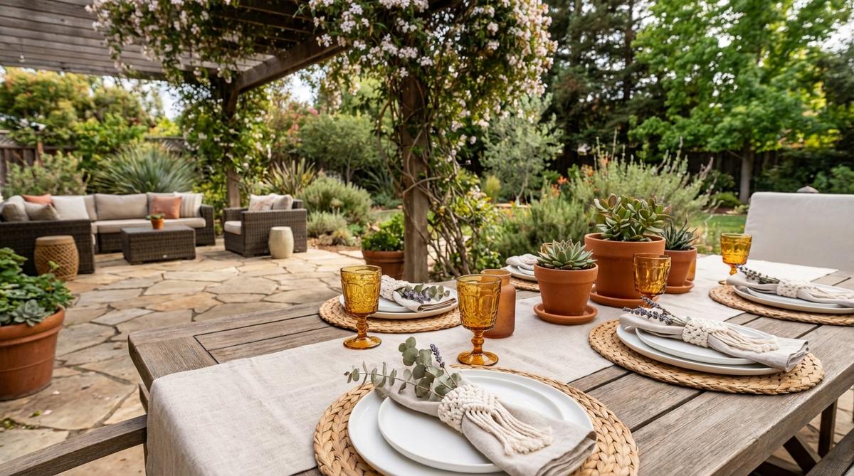 Small macrame rings with attached dried flower stems, used as napkin holders for boho wedding place settings. These detail-oriented decorations bring rustic charm to individual tables while serving as takeaway mementos for guests.